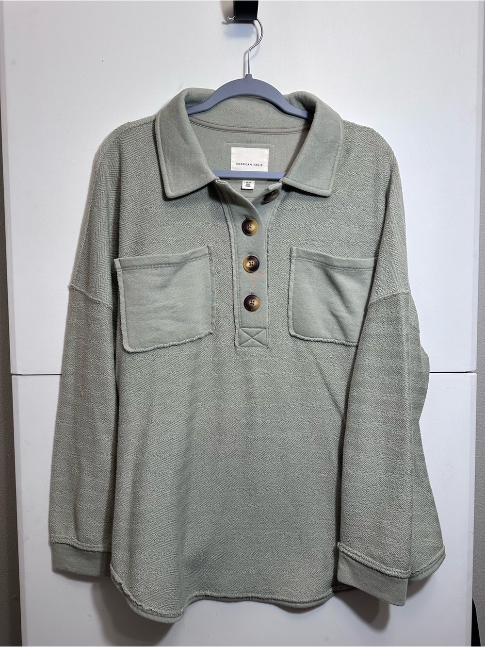American Eagle Outfitters Light Sage Green Button-Front V-Neck Pullover